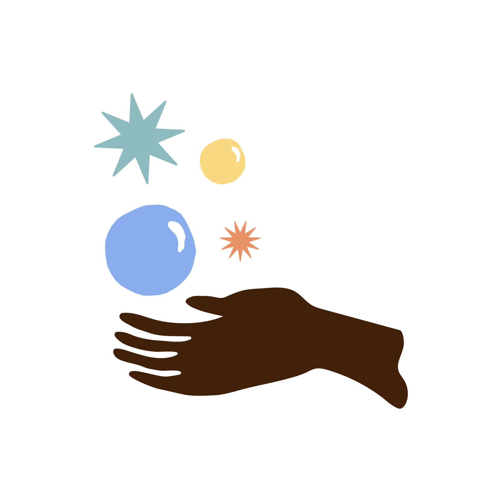 Illustration of a brown hand with colorful abstract stars and circles floating above it.