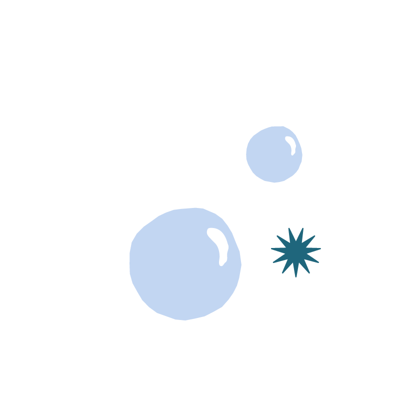 Illustration of multiple stylized light blue and dark blue stars and spheres, with black background.