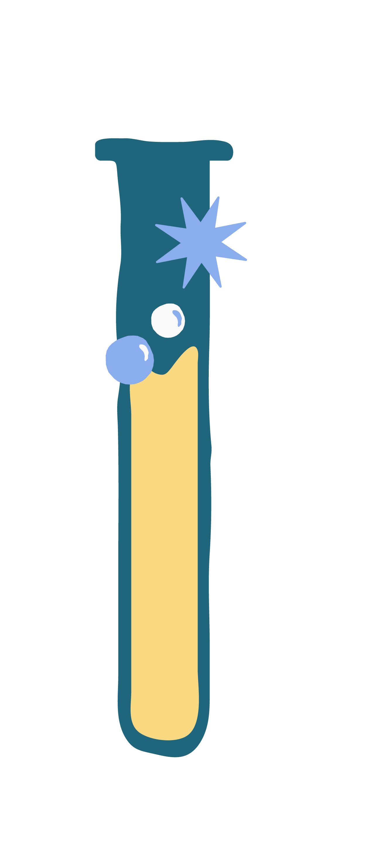 A cartoon illustration of a test tube with blue liquid, bubbles, and a blue star-shaped spark.