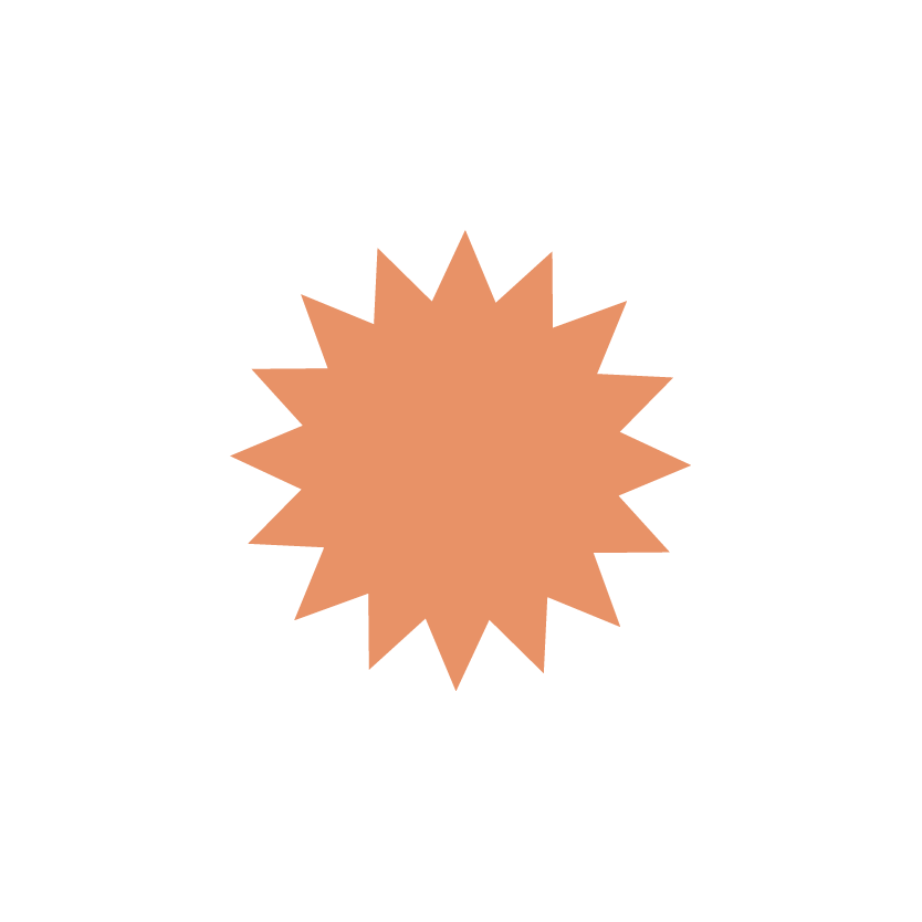 A graphic of a starburst shape in a light brown or tan color with multiple pointed edges.