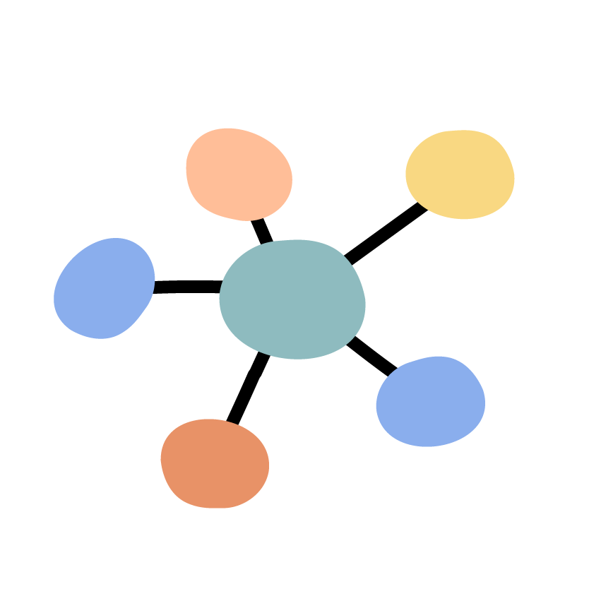 Illustration of a molecule with a central gray sphere connected to six surrounding spheres in orange, blue, and yellow colors.