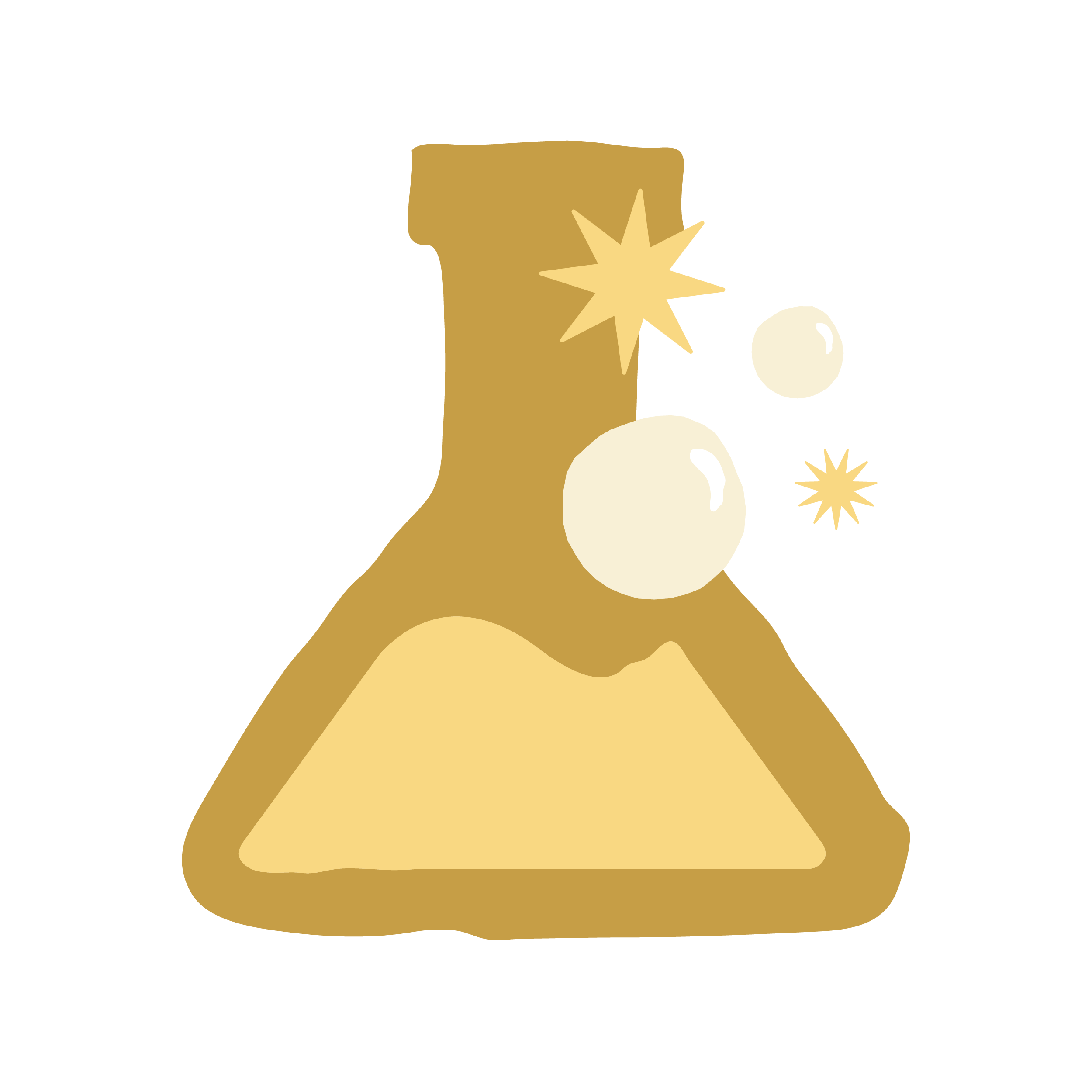 Illustration of a golden potion bottle with white bubbles and star-shaped sparkles against a black background.