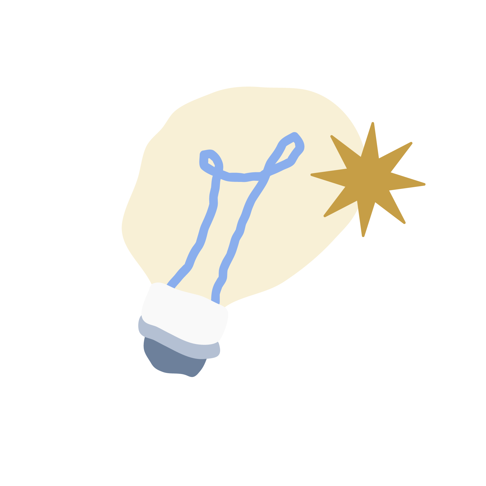 A cartoon illustration of a lightbulb with blue wires inside, a golden starburst on the side, and a white base