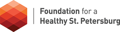 Logo for Foundation for a Healthy St. Petersburg, featuring a red and orange geometric hexagon.