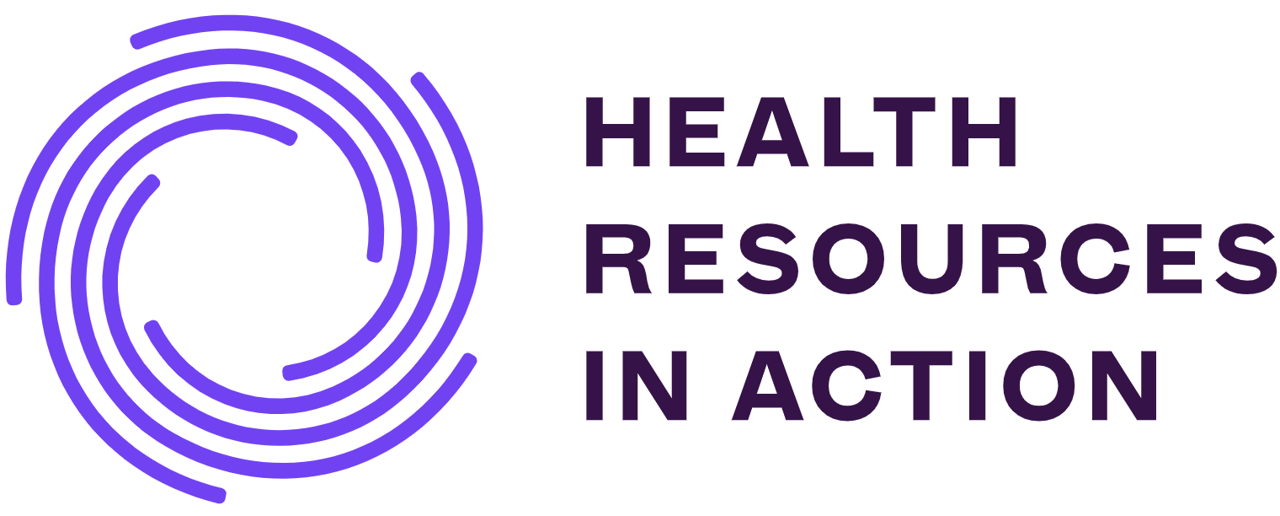 Logo with purple circular lines and the text 'Health Resources in Action' in purple.