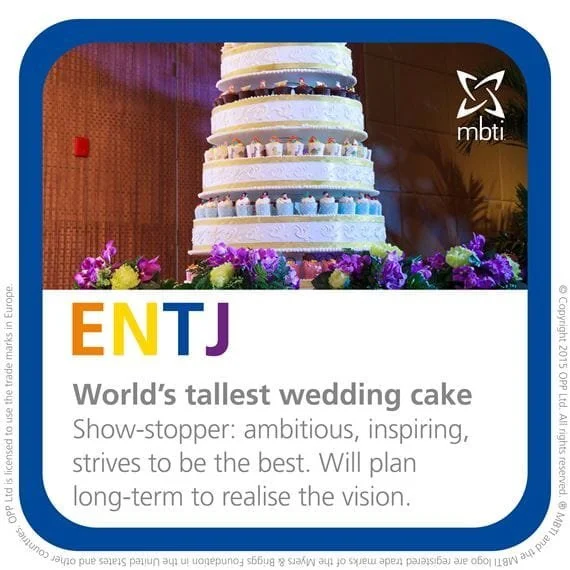 Image of Myers Brigg Type ENTJ as a baked good - the World's Tallest Wedding Cake, with the text underneath saying, "Show-stopper: ambitious, inspiring, strives to be the best. Will plan long term to realize the vision."