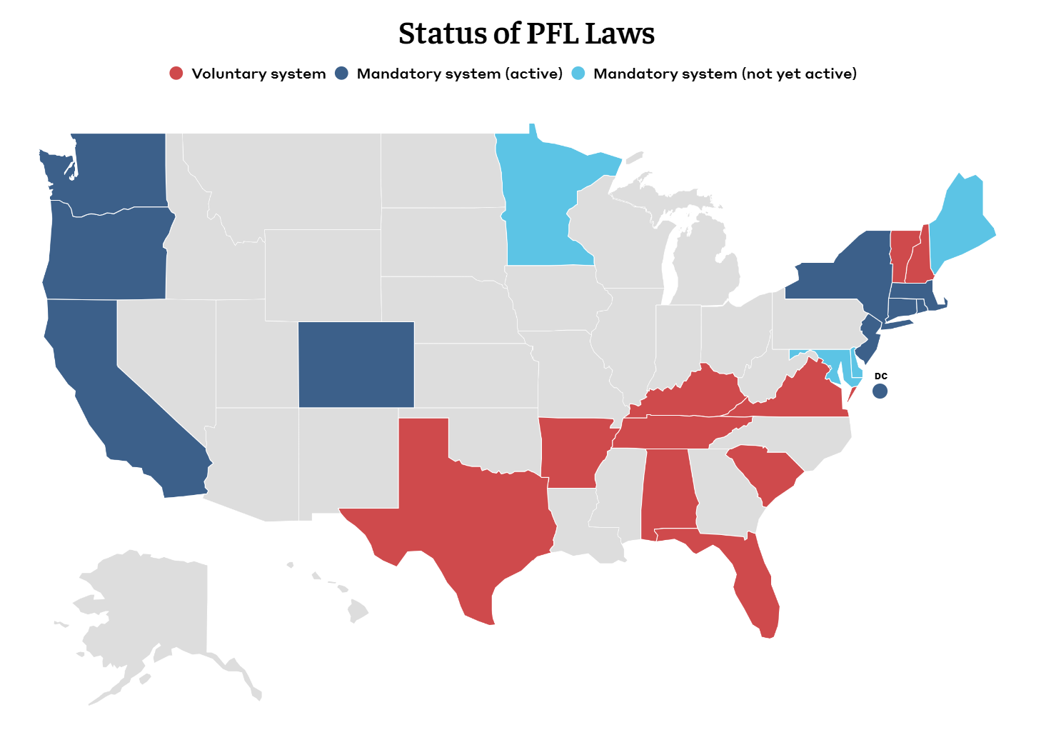 Map showing the status of paid family leave laws across the U.S., from the Bipartisan Policy Center.