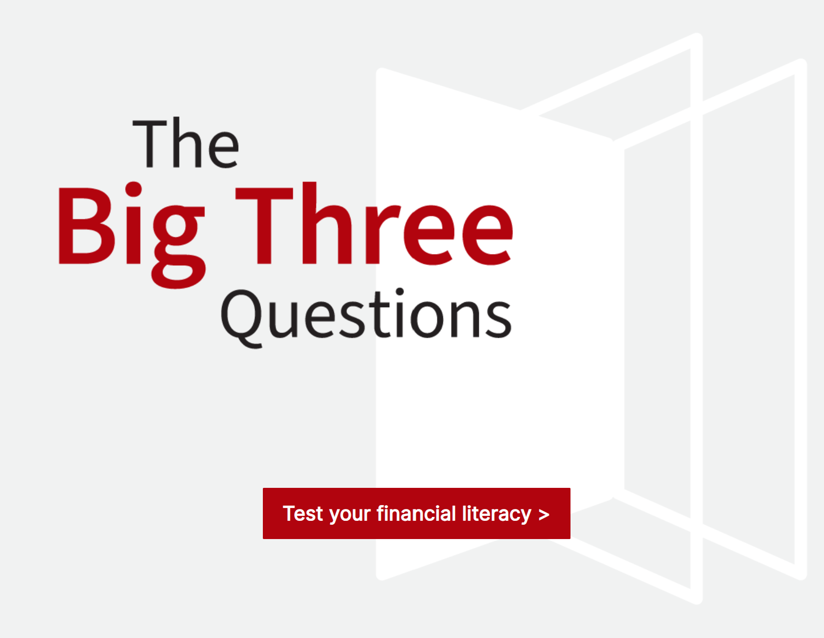 Image with the words "The Big Three Questions" with a button underneath that says "test your financial literacy".