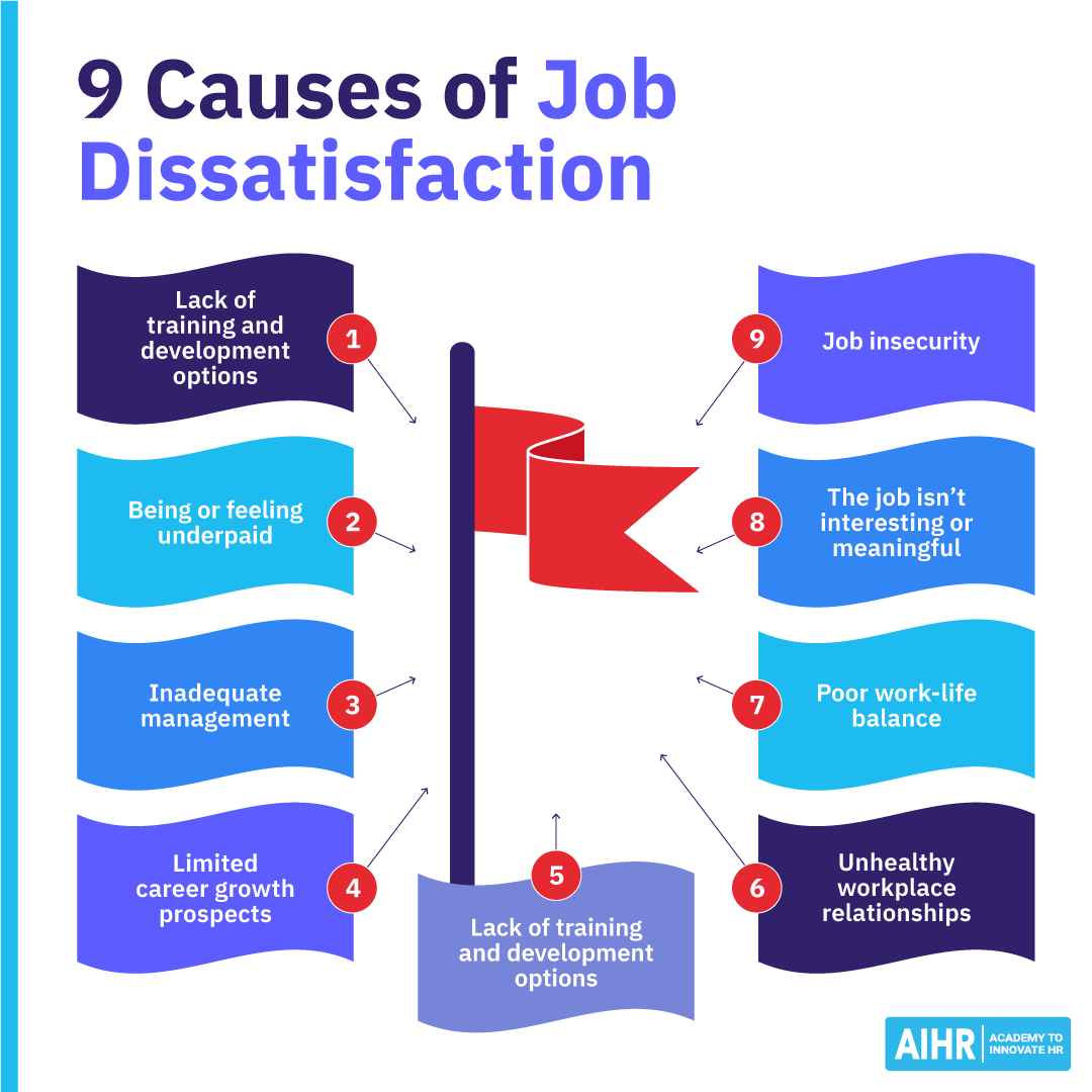 AIHR Infographic showing the 9 causes of job dissatisfaction