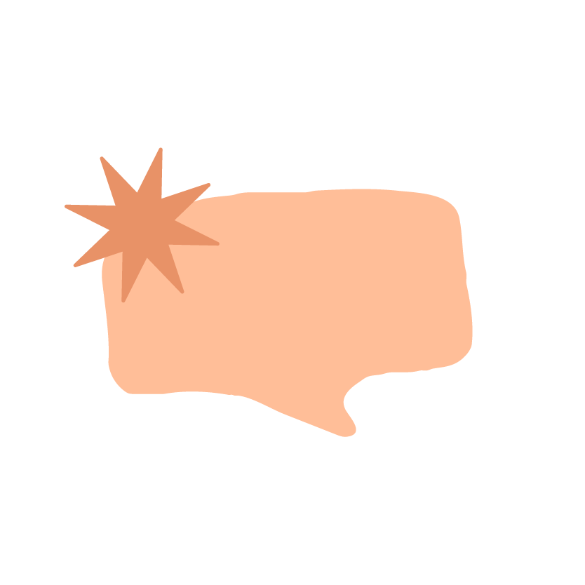 A stylized illustration of a speech bubble with a starburst symbol on the upper left.