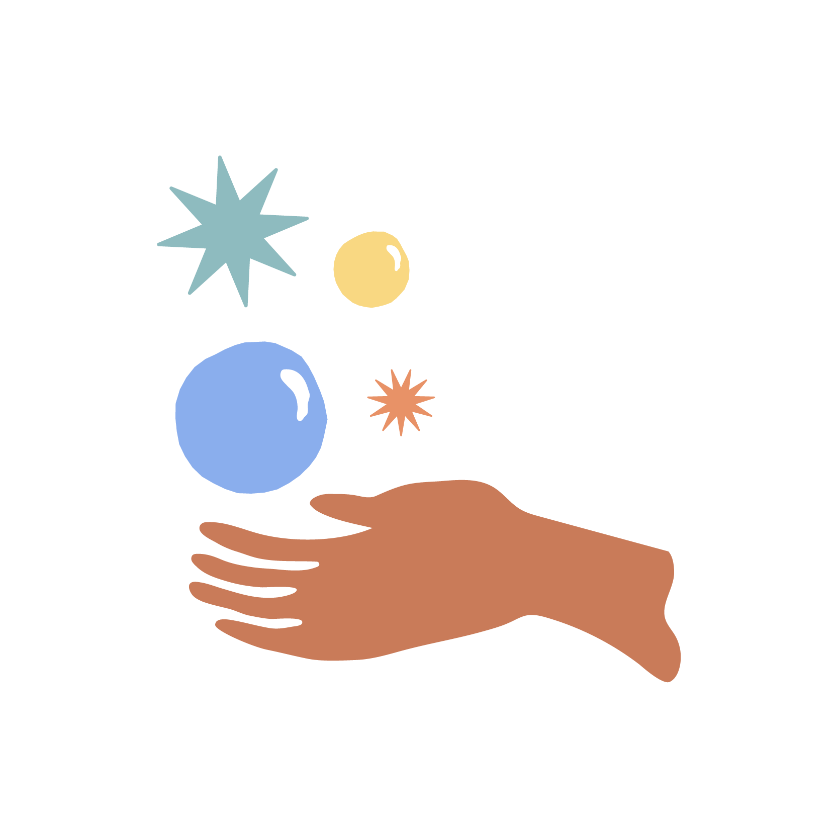 Illustration of a hand with colorful stars and orbs floating above it.