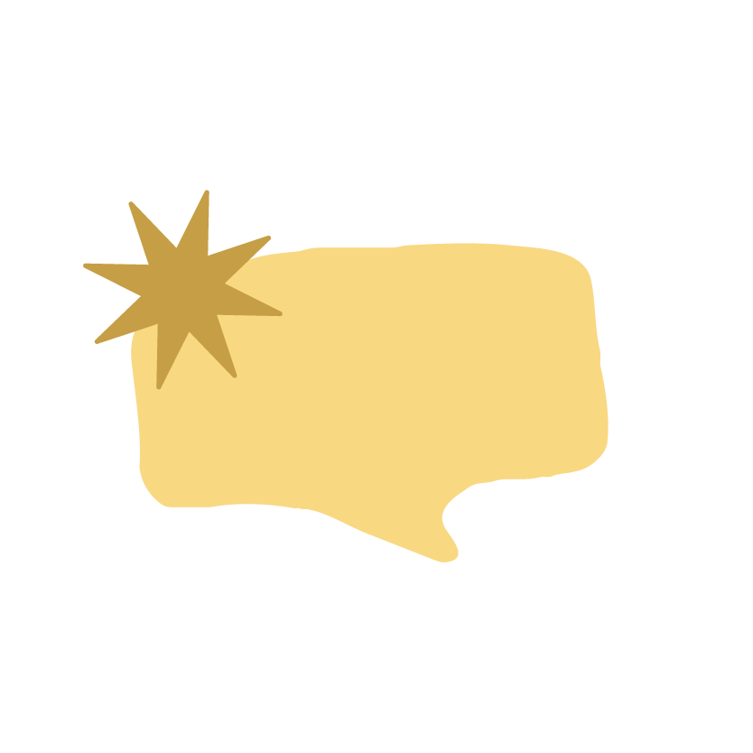 A stylized beige speech bubble with a gold starburst in the upper left corner