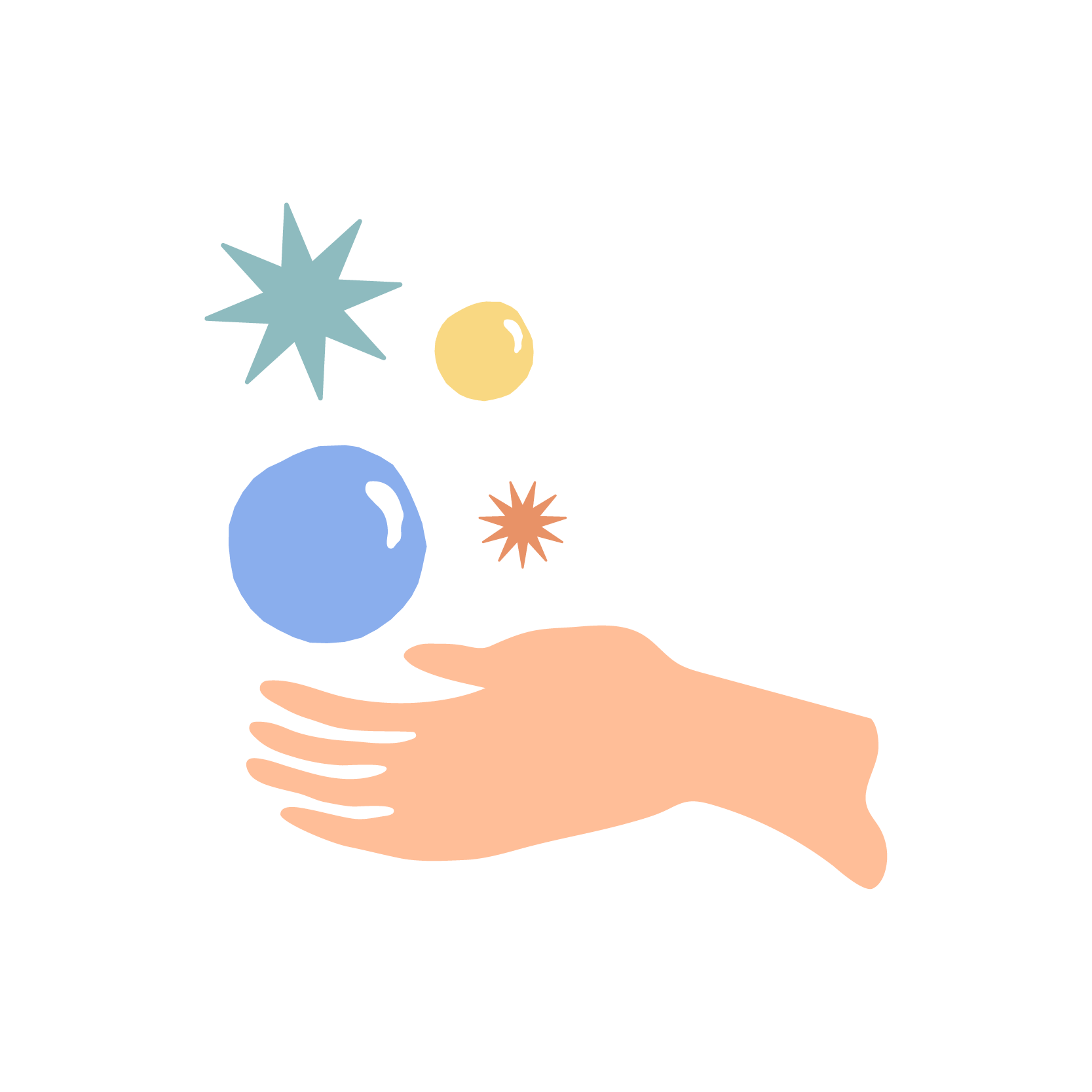 Illustration of a hand with various colorful abstract shapes, including planets and stars, floating above it.