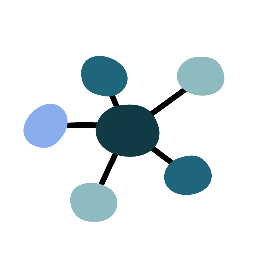 A molecular model with a central black atom connected to six other atoms in shades of blue and gray