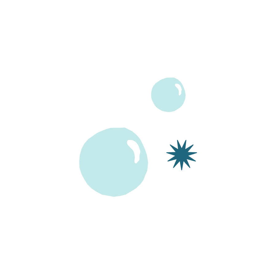 Illustration of four different sized bubbles and stars against a black background.