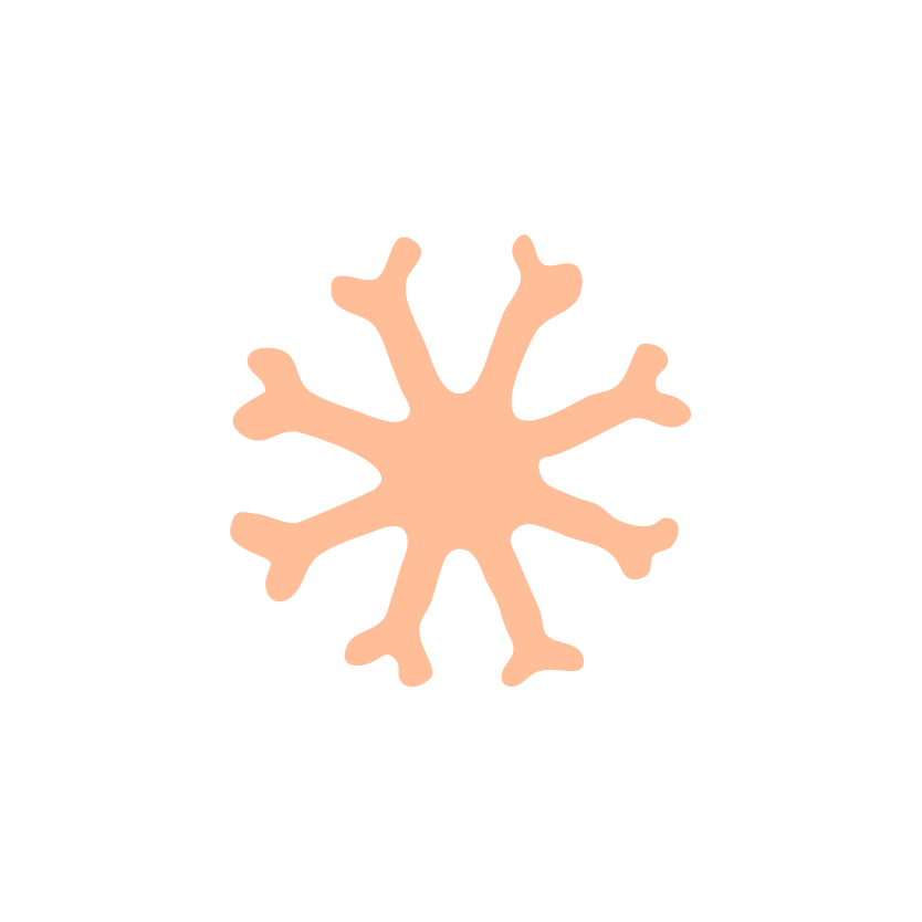 A stylized, peach-colored snowflake design on a white background.