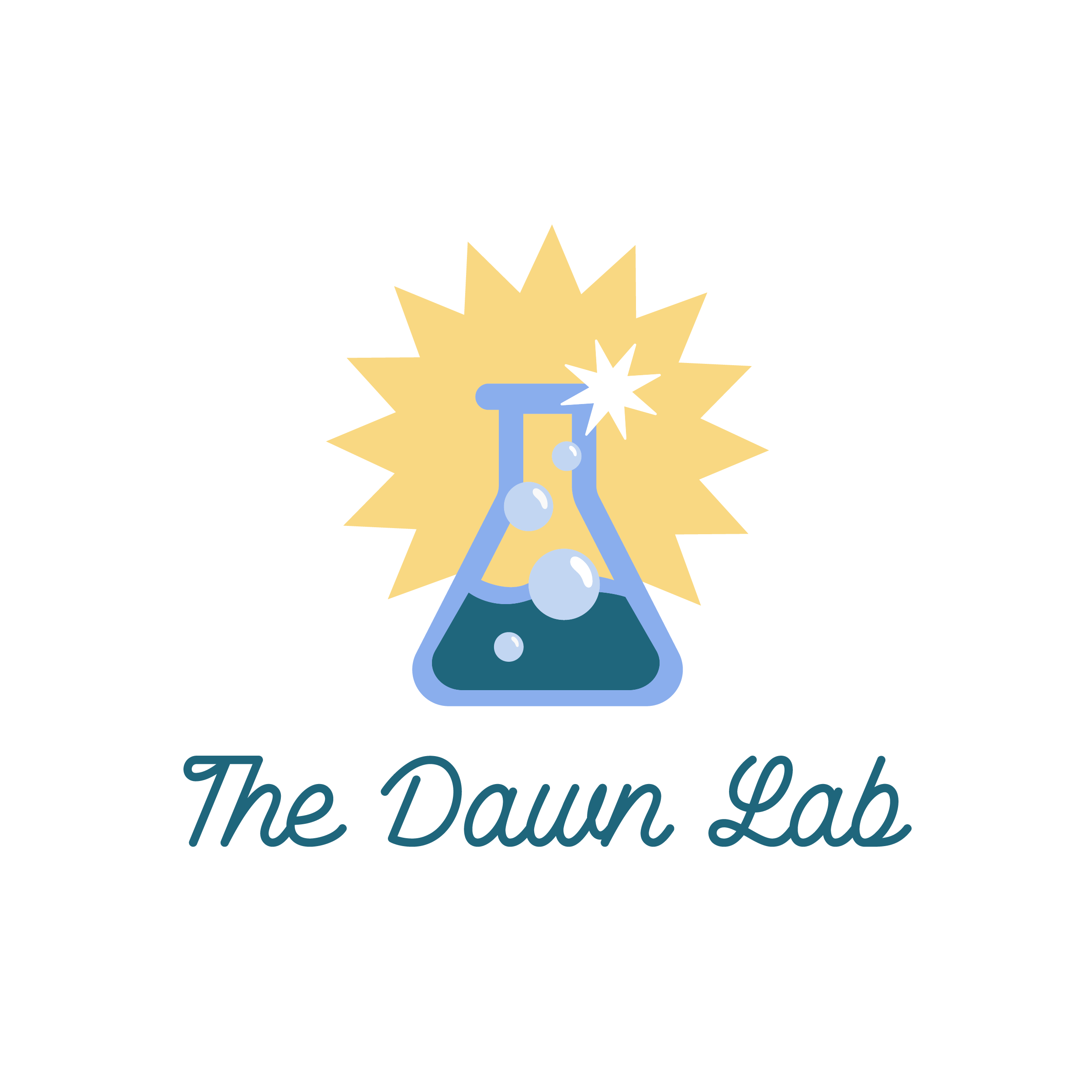 A black background with a beige starburst shape, a blue laboratory flask with bubbles, and stylized text that reads 'The Dawn Lab".