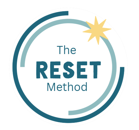 Logo with the text 'The RESET Method' inside a circular design with a starburst at the top right.