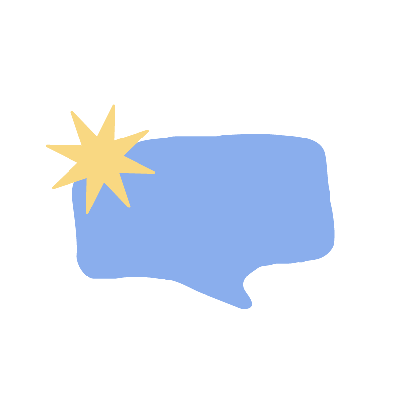 A blue speech bubble with a yellow starburst shape overlapping the upper left corner.