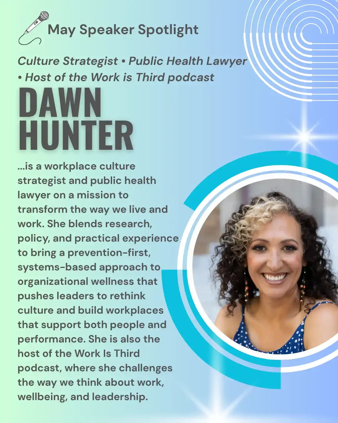 A promotional poster introducing Dawn Hunter, described as a culture strategist, public health lawyer, and host of the Work is Third podcast. The poster features her photo on the right, with a microphone icon and professional background on a gradient blue and green background, highlighting her work in workplace culture, research, policy, and organizational wellness.