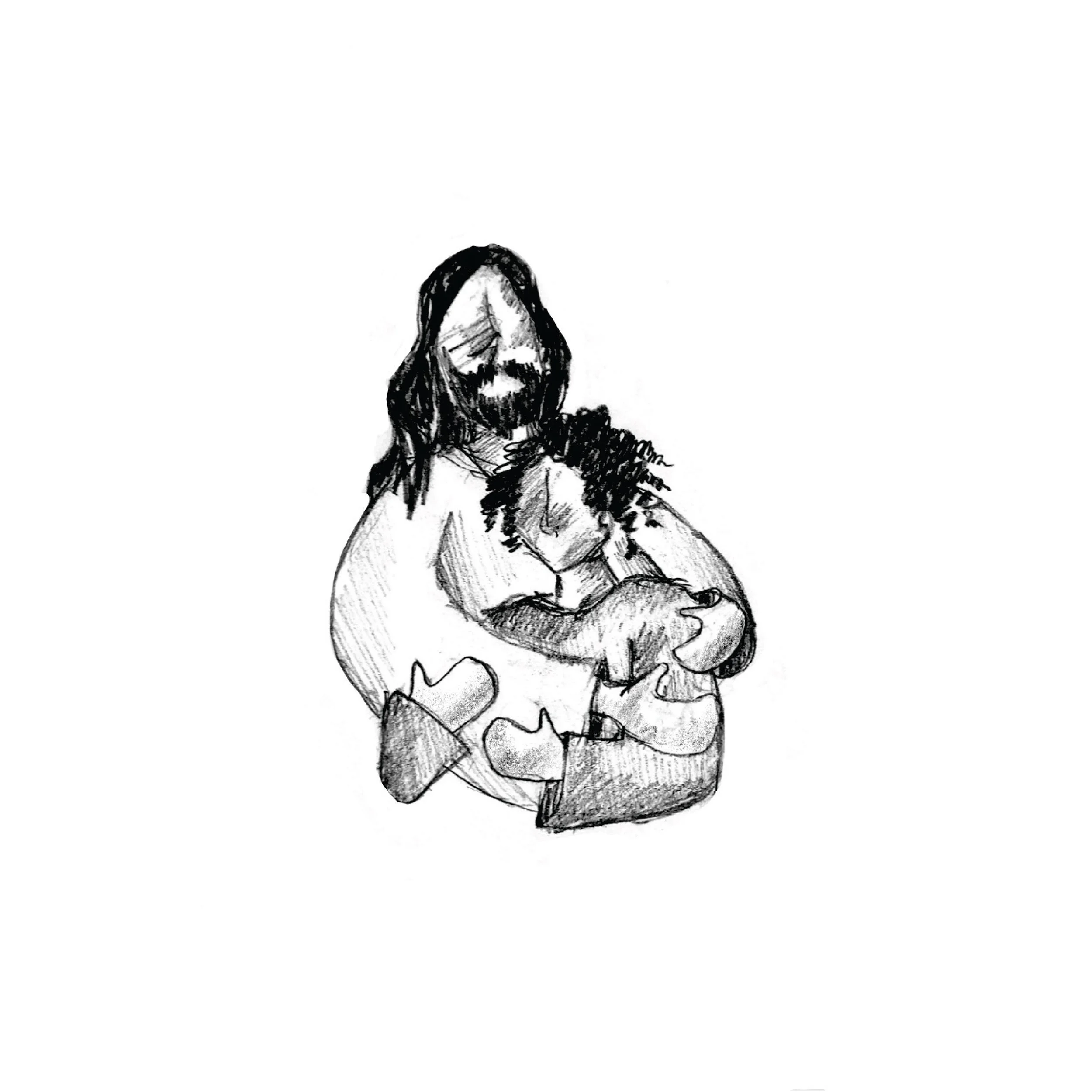 Sketch of a person with long hair and a beard, wearing a tunic and sitting with crossed legs.