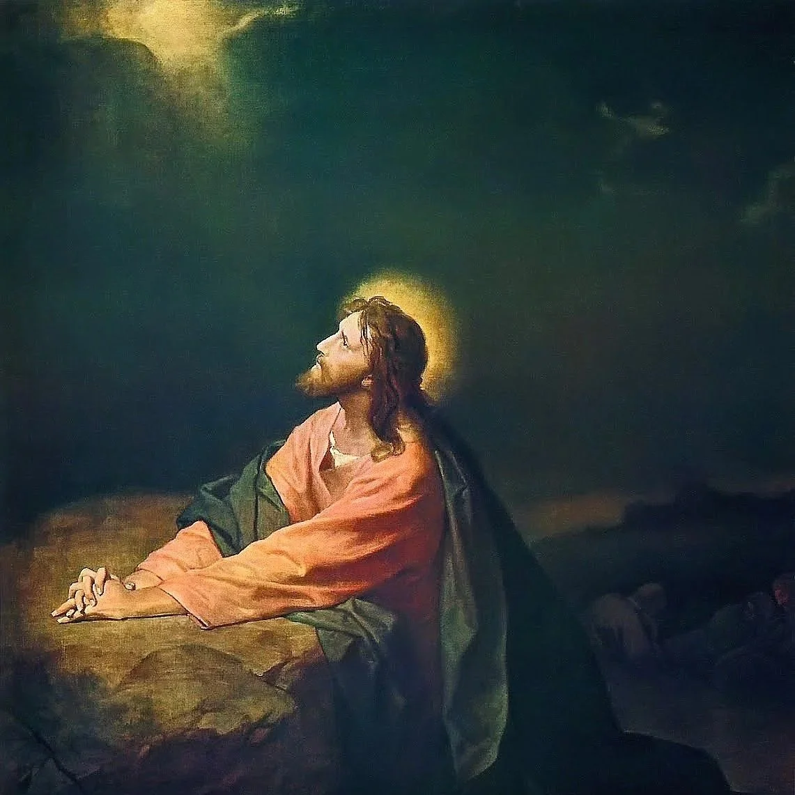 Painting of Jesus Christ with a halo, seated with hands clasped, gazing upward, against a dark background with faint cloud and fish images.