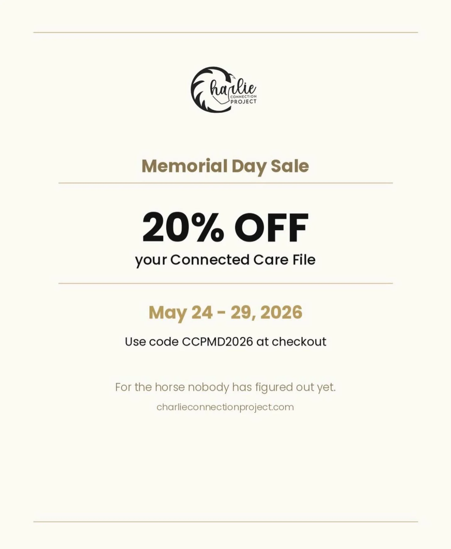 Connected Care Files &mdash; $250. Memorial Day sale running now through May 29 &mdash; use code CCPMD2026 at checkout for 20% off.

charlieconnectionproject.com

#horsecare #horsehealth #equinehealth #horseowner #charlieconnectionproject