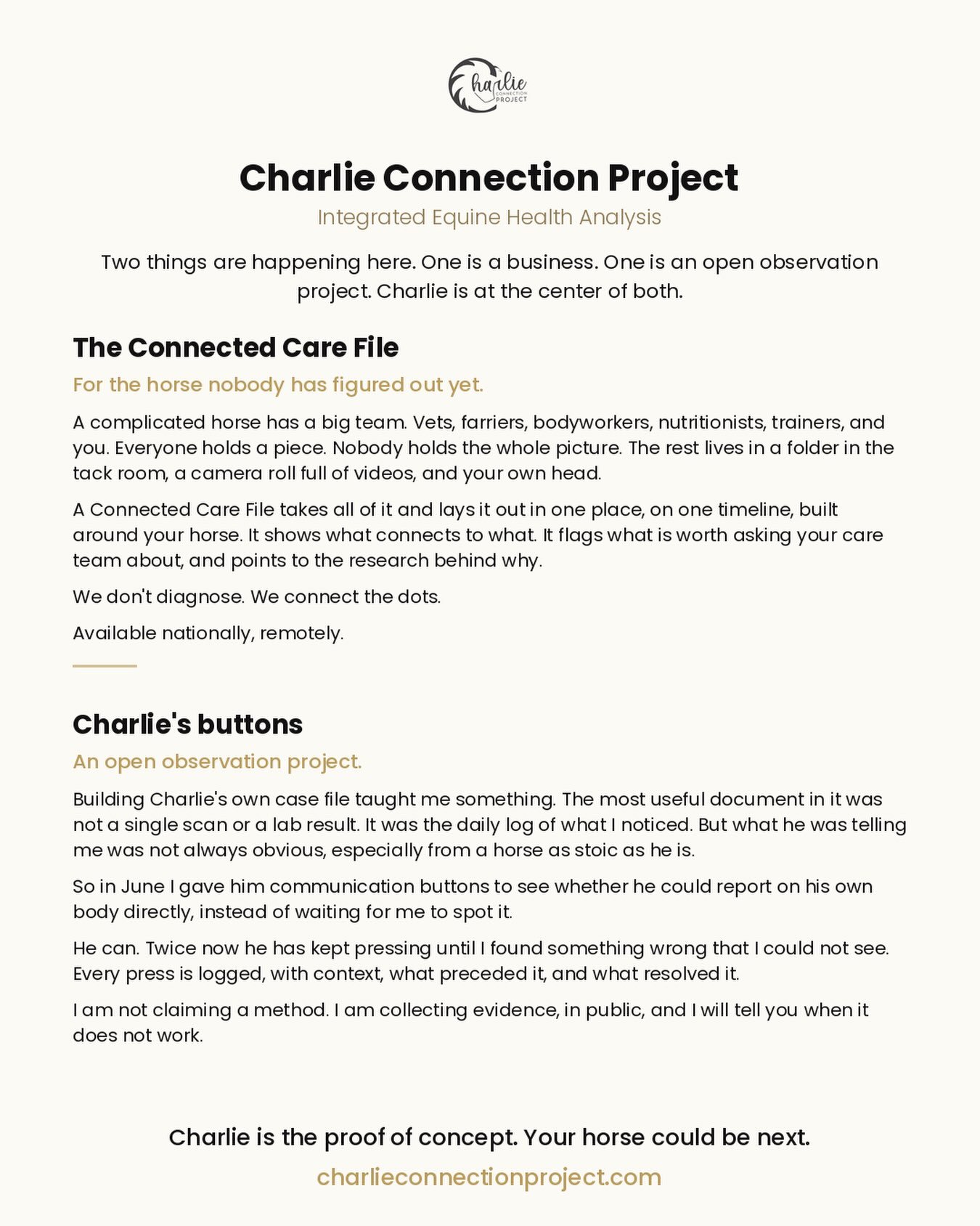 If you have found us through Charlie&rsquo;s buttons, let me tell you a little more about Charlie Connection Project.

Charlie Connection Project builds Connected Care Files for horses with complicated health histories like Charlie. A horse like that