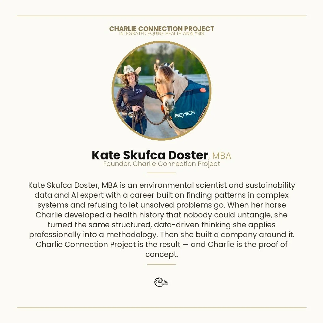 Profile of Kate Skufca Doster holding a horse on a farm, with text about her work in environmental science and sustainability related to equine health.