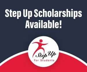 An advertisement for Step Up Scholarships for students, featuring the Step Up logo with a stylized figure and text indicating scholarships are available.