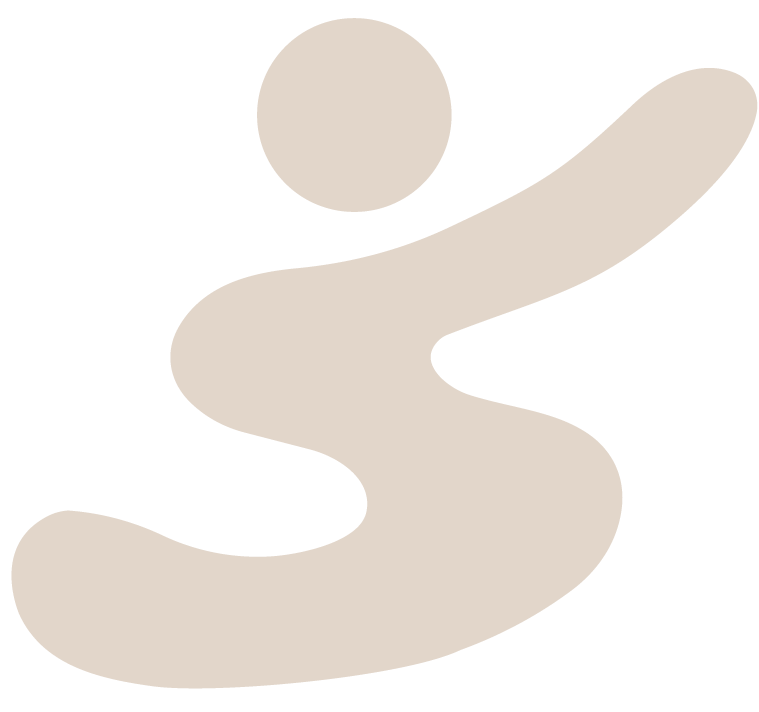 Abstract beige silhouette of a person with a circular head and flowing body shape on a black background.