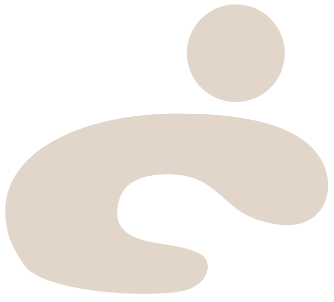 Minimalist abstract logo with a large curved shape and a dot above it, in beige color on a black background.