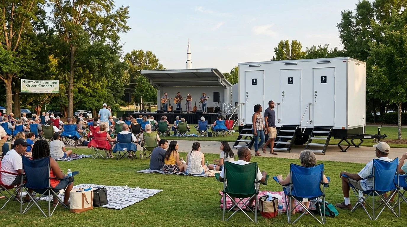 Outdoor concert with people sitting on lawn chairs and blankets, watching a live band perform on a small stage at the Huntsville Summer Green Concerts.