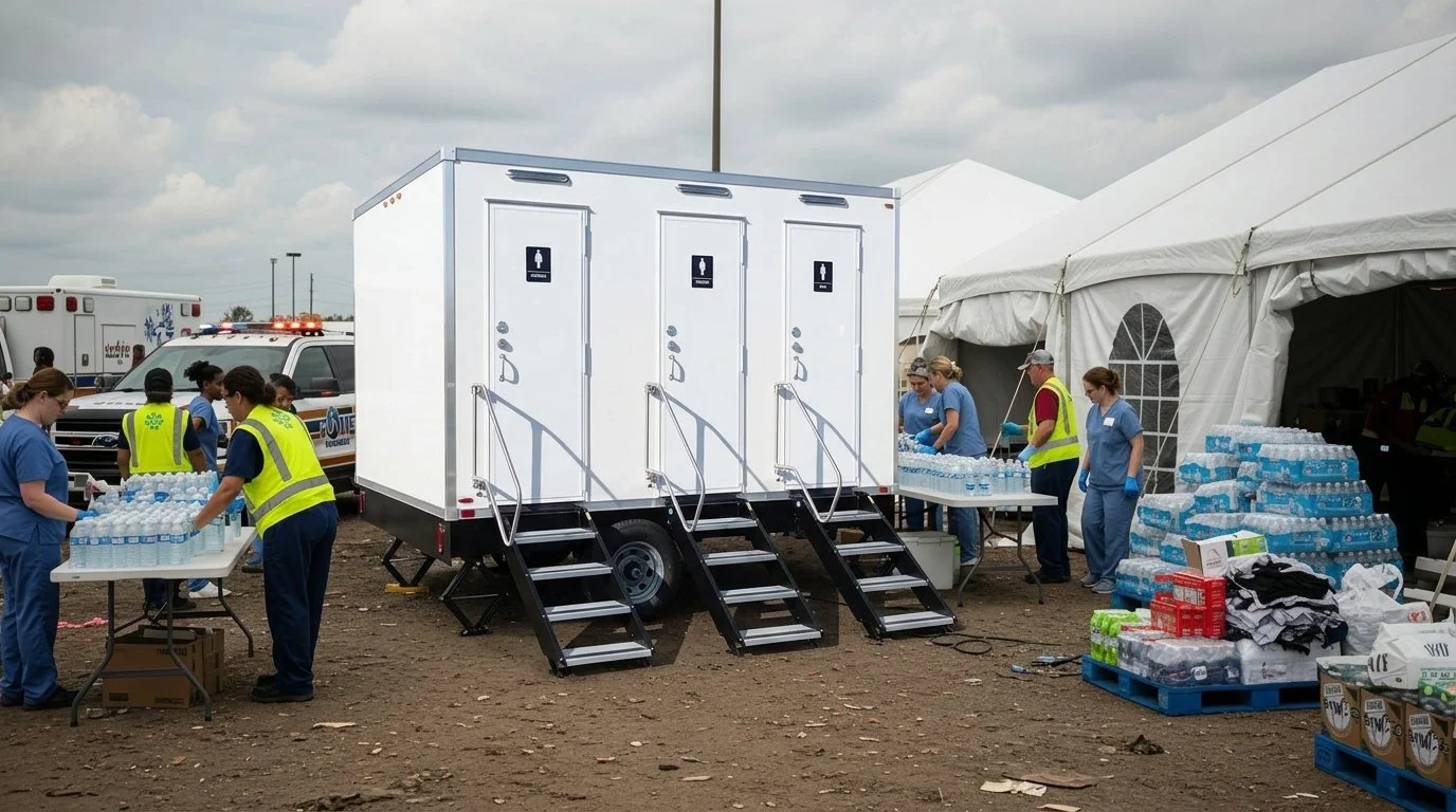 People working at a water distribution station outside a large event tent, with tables of bottled water and supplies nearby, and portable toilets in the background.