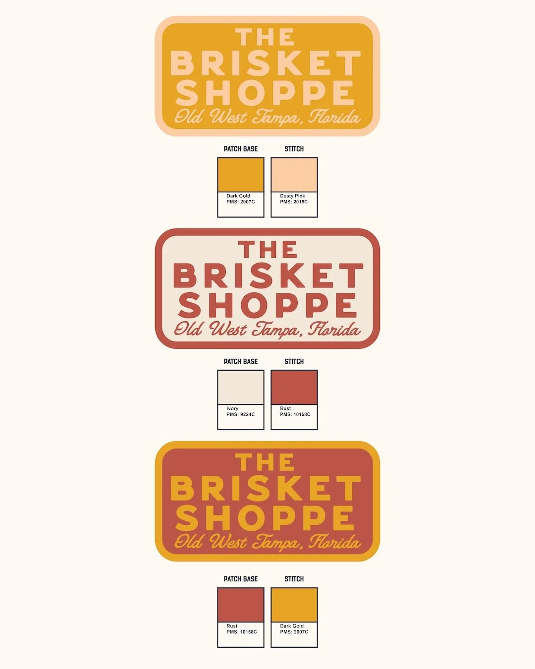 Comparative design samples for a logo with different color combinations, featuring the text 'The Brisket Shoppe, Old West Tampa, Florida' and color codes for patch base and stitch.