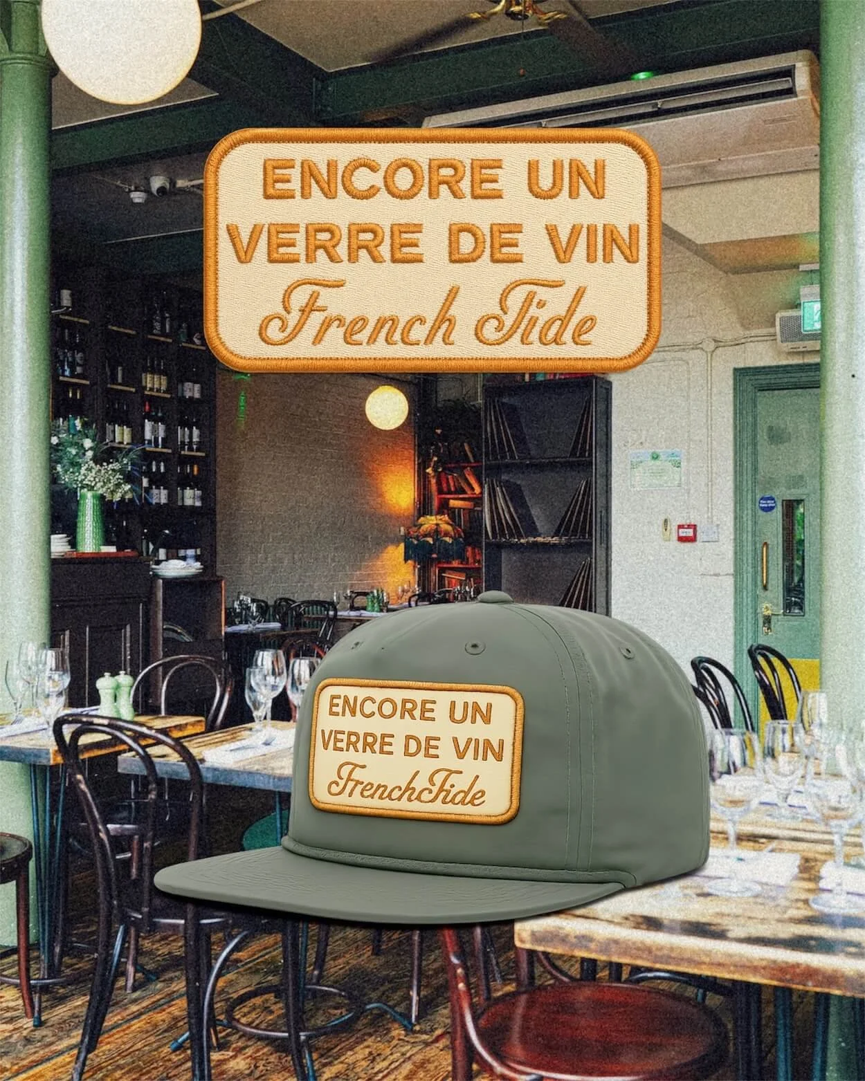 An image of a green hat with an embroidered patch that reads "encore un verre de vin, French Tide"