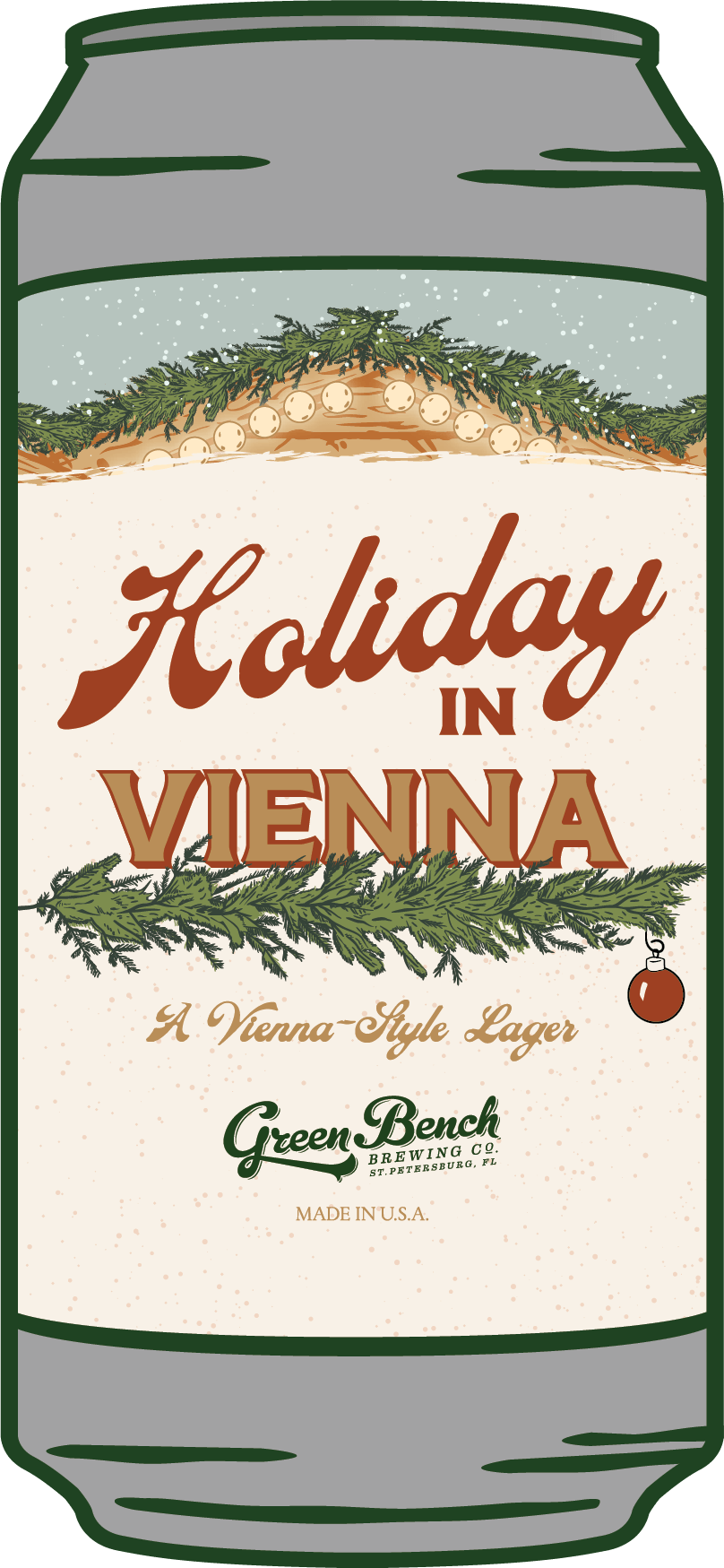 A holiday-themed beer label titled 'Holiday in Vienna,' with decorative pine branches and snowflakes, featuring the Green Bench Brewing Co. logo and branding.