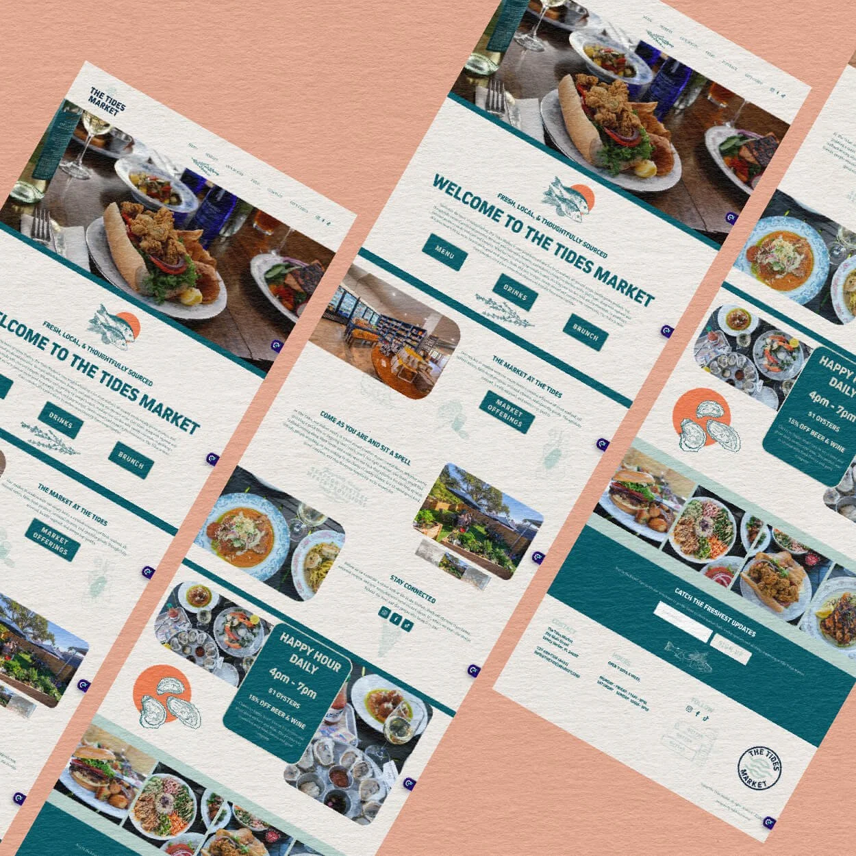 The Tides Market website design featuring food images, market interior, and information about the market's offerings, hours, and contact details.
