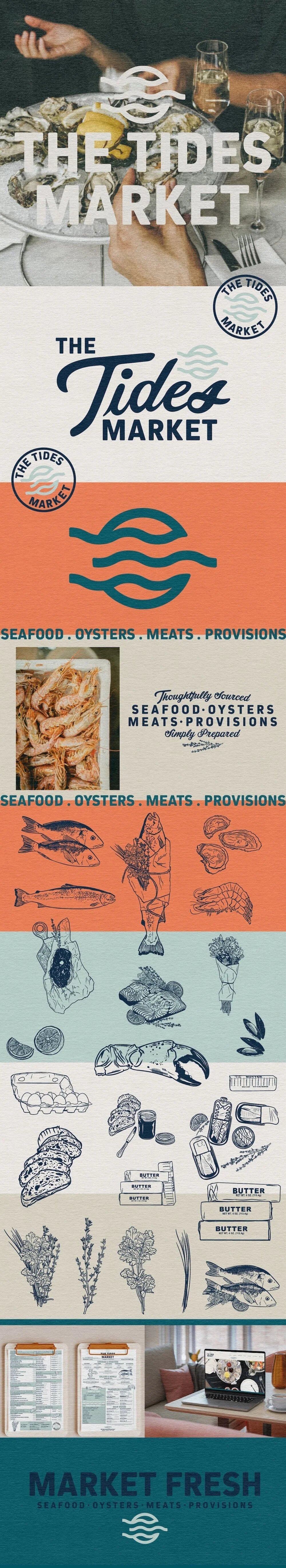 Brand identity for The Tides Market featuring logo variations, seafood photography, hand-drawn illustrations, menu design, and website mockups with a coastal, market-fresh vibe.
