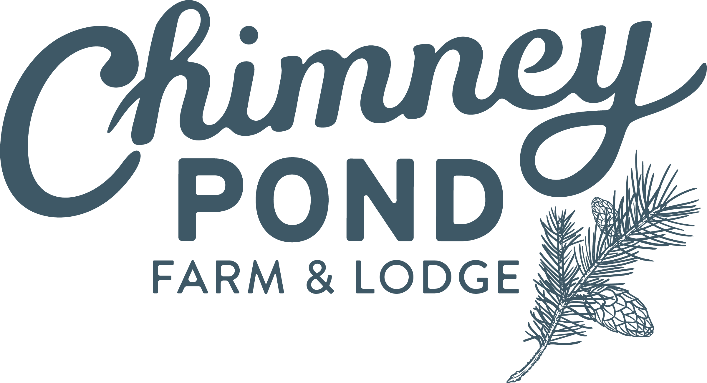 Chimney Pond Farm & Lodge secondary logo with custom designed script and hand-drawn pine tree illustration