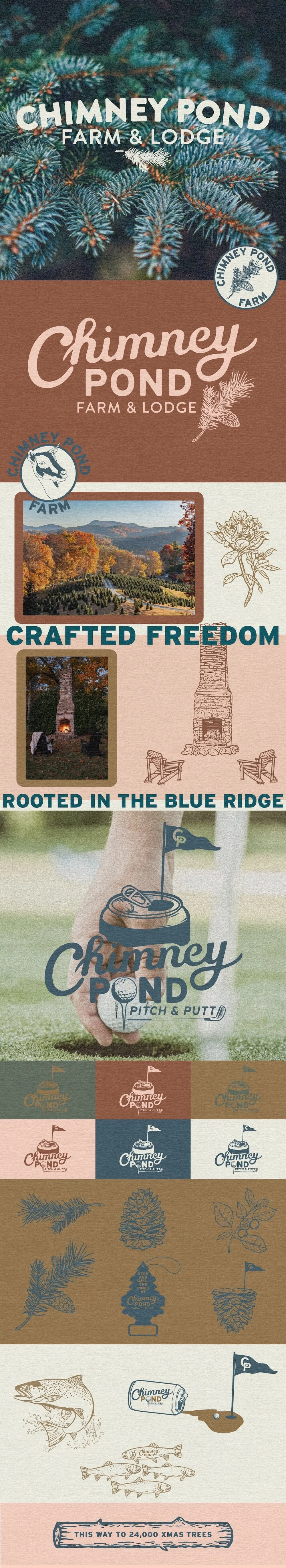 Brand identity for Chimney Pond Farm & Lodge featuring rustic logos, nature illustrations, fall landscape photography, and playful Pitch & Putt branding rooted in the Blue Ridge Mountains.