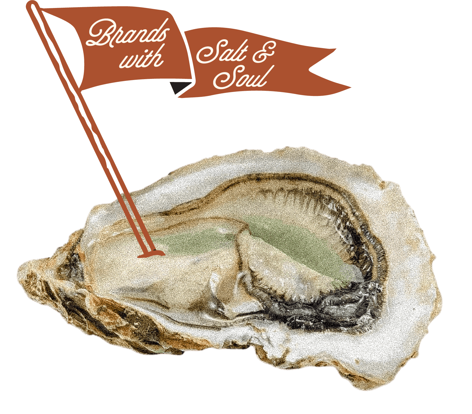 A close-up of a raw oyster shell with an open oyster inside. The oyster's soft body and greenish interior are visible. There is a ribbon graphic pointing to the oyster that reads 'Brands with Salt & Soul'.