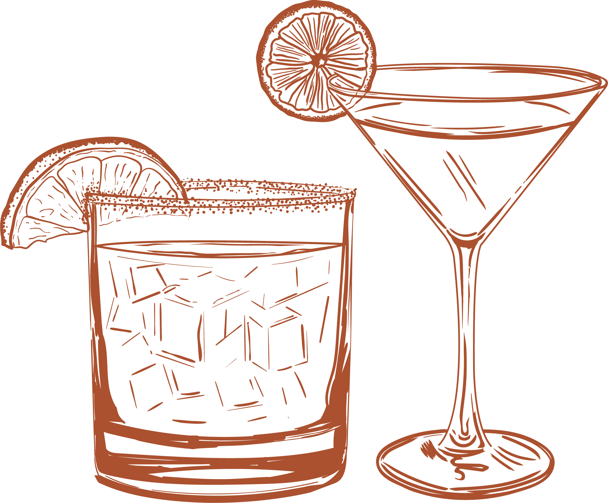 Illustration of two cocktails with lemon slices, one in a lowball glass with ice and one in a martini glass, on a black background.