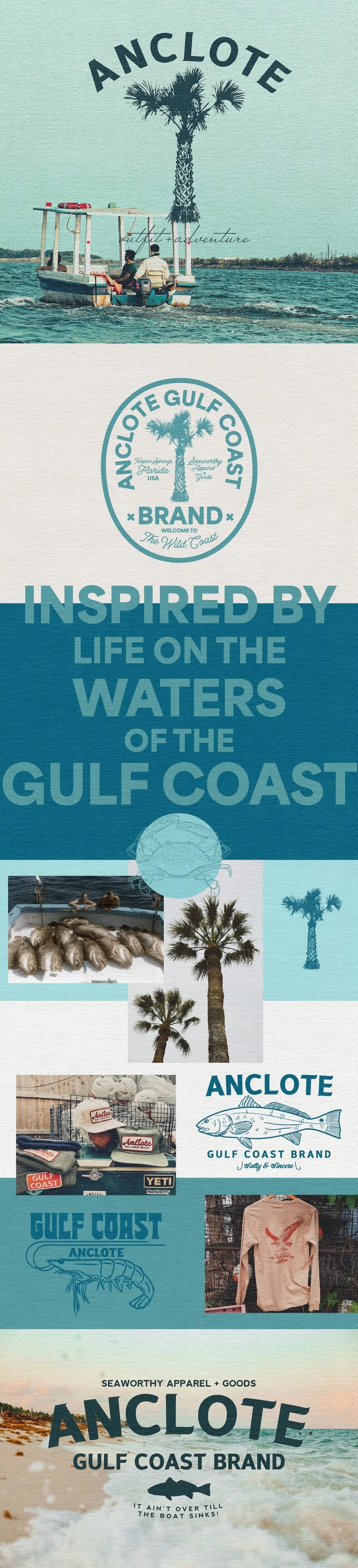 Brand identity for Anclote Gulf Coast Brand featuring logo designs, coastal photography, hand-drawn illustrations, and branded apparel inspired by life on the water.