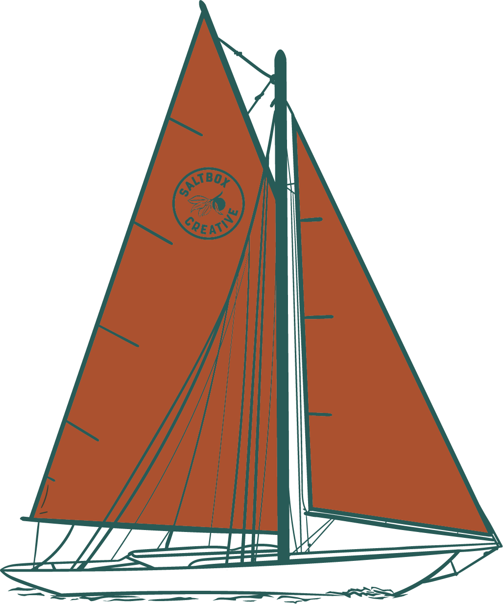Illustration of a sailboat with sharp brown sails and a logo reading 'Saltbox Creative' on one sail.