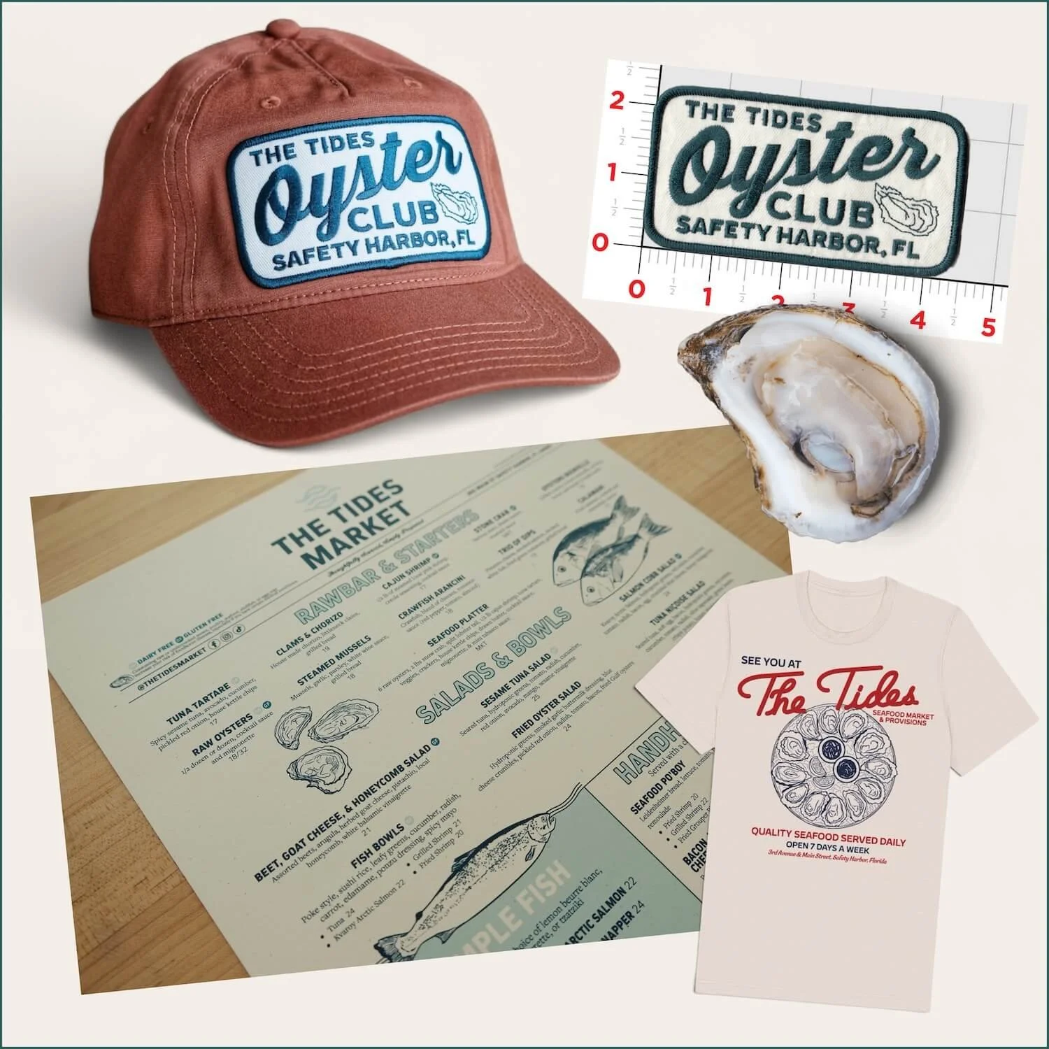 Collection of items related to a seafood restaurant, including a red cap, a patch with the restaurant's logo, a seafood menu, a white t-shirt with the restaurant's logo, and a seashell.