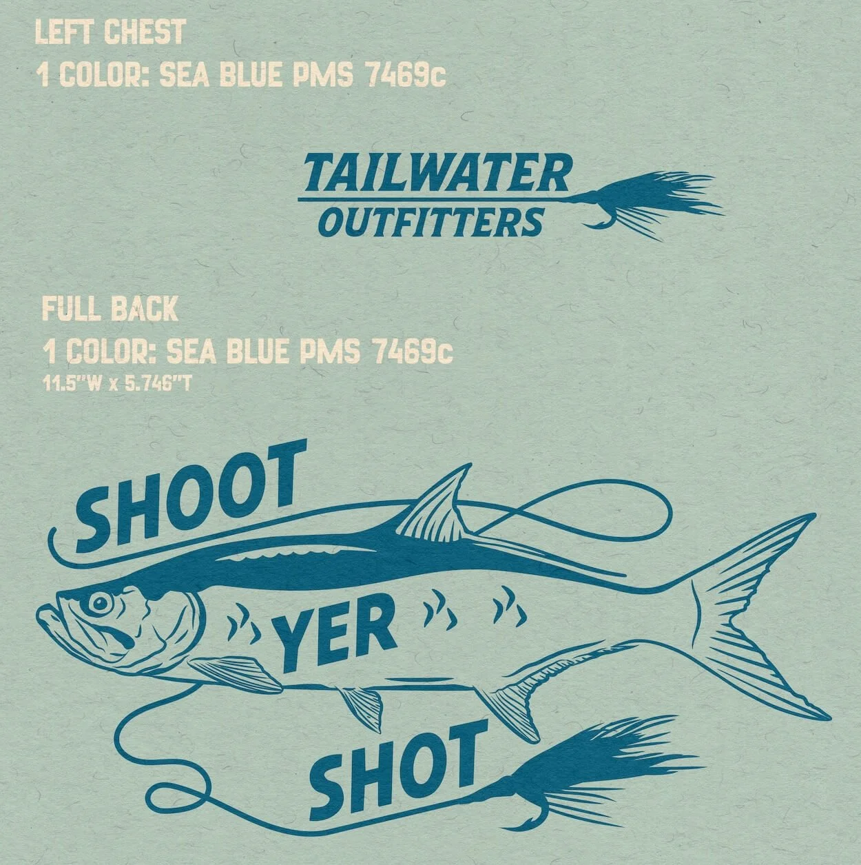 Design of a T-shirt with a tarpon fish illustration, fishing line, and text elements about T-shirt and print specifications, with a sea blue color theme.