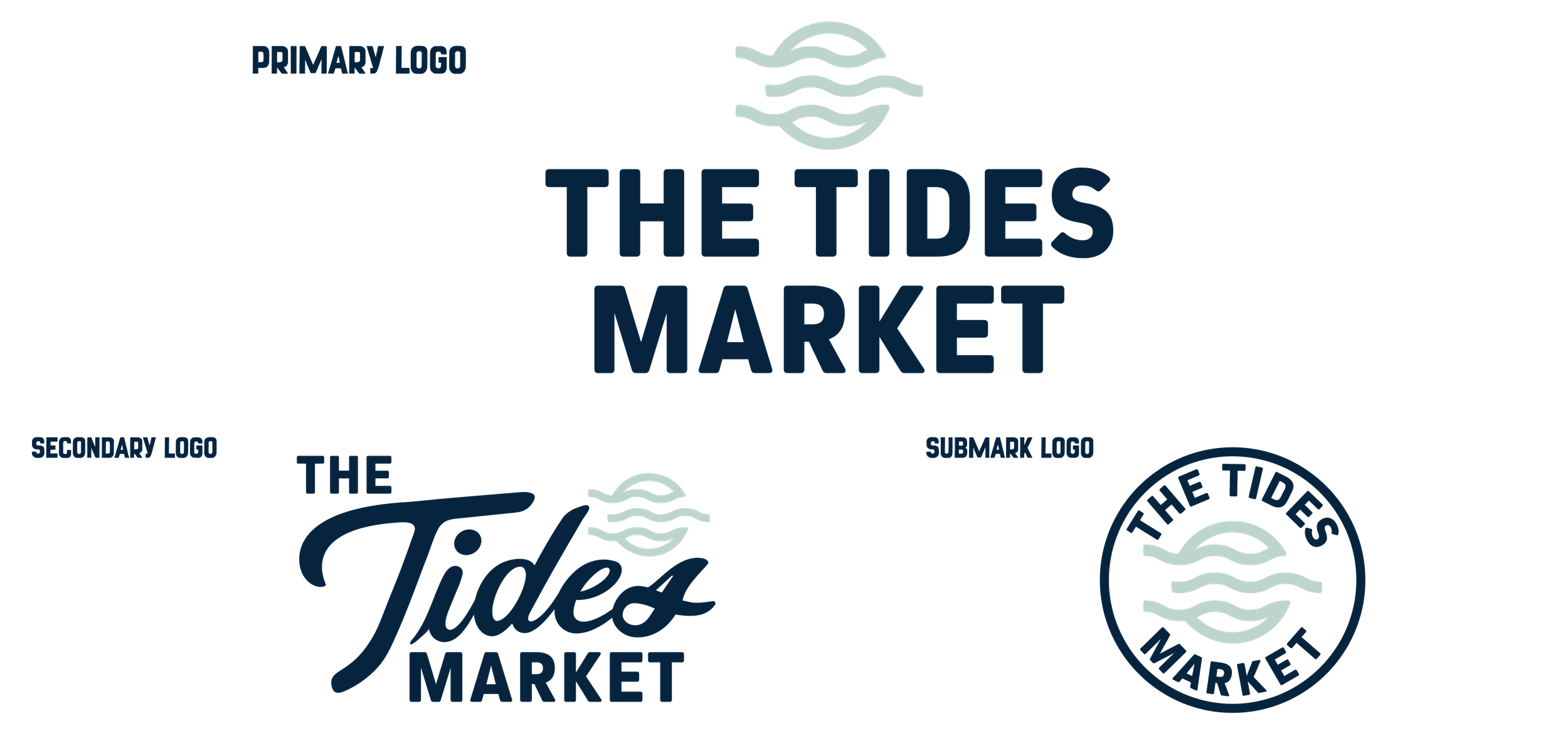 Various logo templates for 'The Tides Market,' including a circular emblem, a script logo, and text-based designs, all featuring wavy water line graphics.