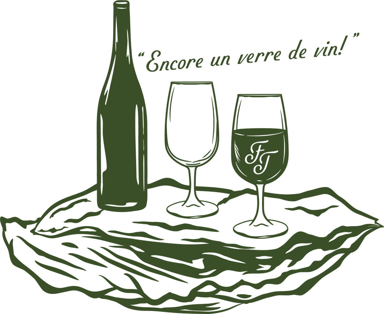 Illustration of a wine bottle and two wine glasses on a napkin with the quote 'Encore un verre de vin!' in French.