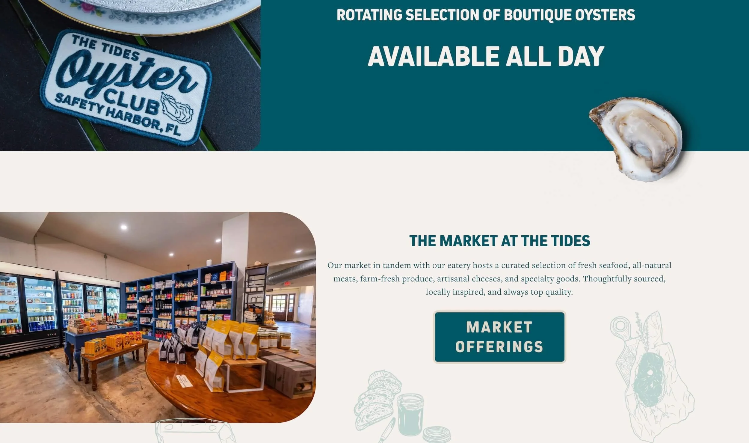 A webpage about oyster market offerings showing a patch with the text "The Tides Oyster Club Safety Harbor, FL," a section with a photo of the store interior displaying shelves stocked with seafood and other products, and a menu button labeled "Market Offerings."